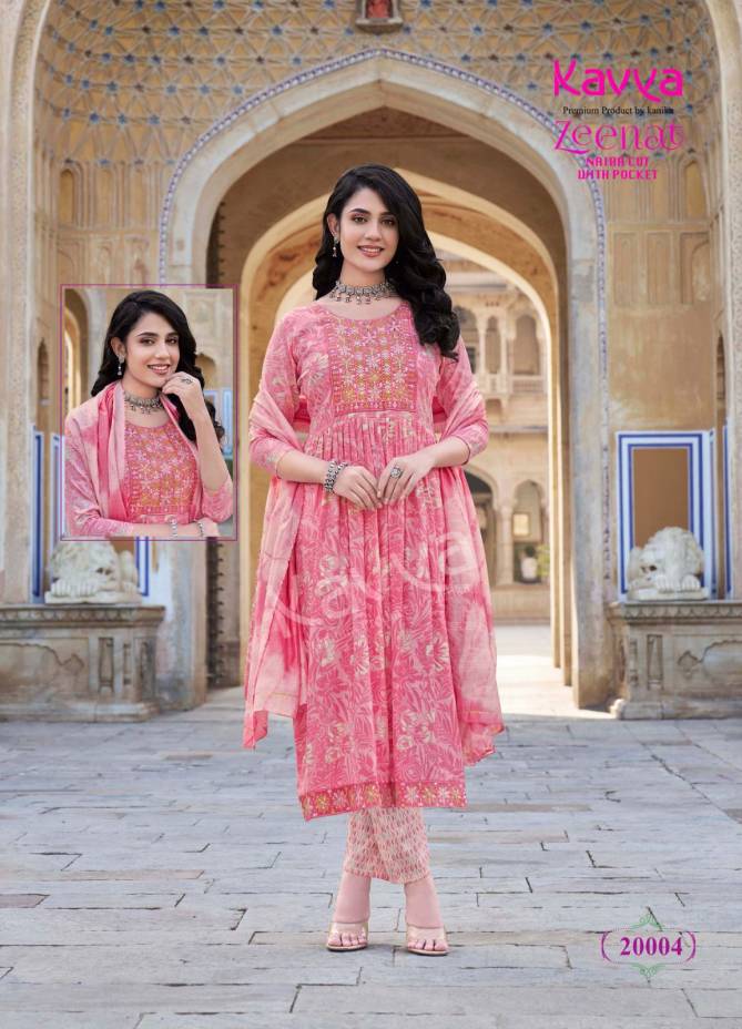 Zeenat Vol 20 By Kavya Foil Printed Naira Cut Kurti With Bottom Dupatta Wholesale Market In Surat
